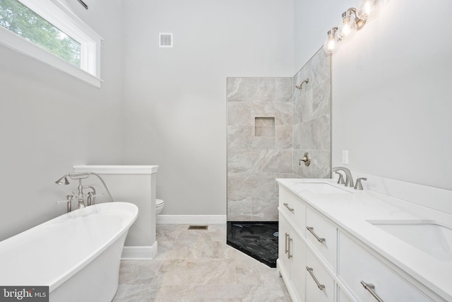 full bathroom with plus walk in shower, vanity, and toilet