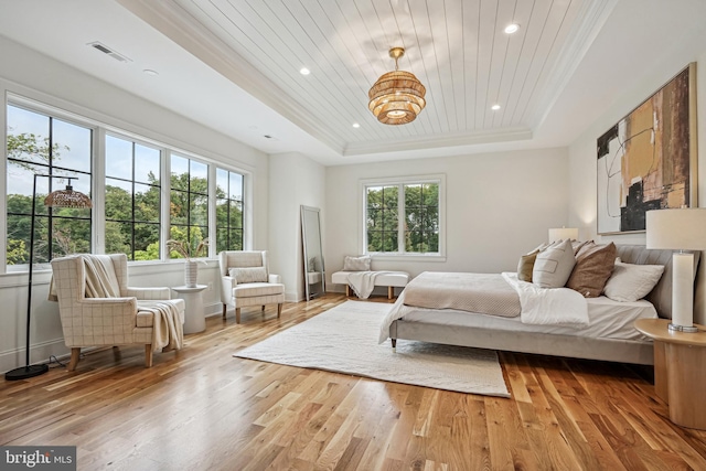 bedroom with light wood-type flooring, a raised ceiling, and wood ceiling