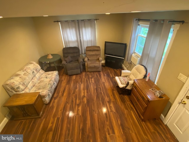 living room featuring dark wood-type flooring