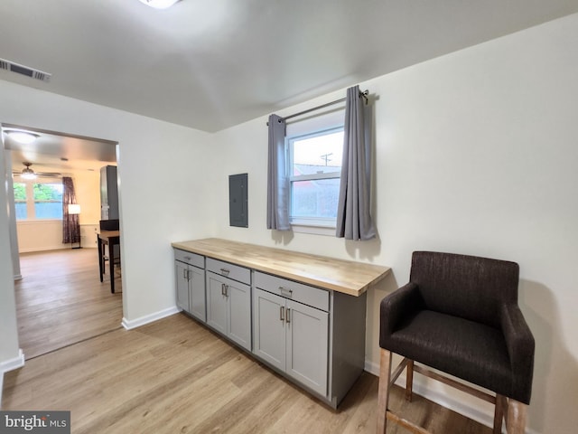 sitting room with light hardwood / wood-style flooring, electric panel, and ceiling fan