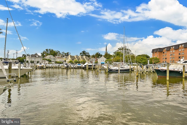 view of dock with a water view