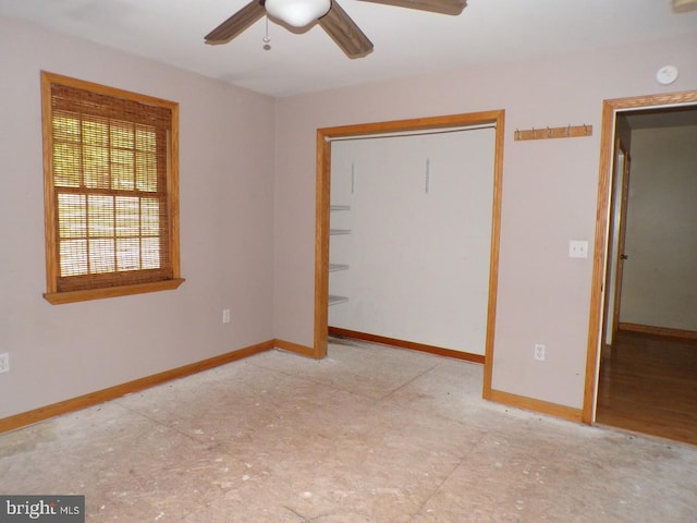 unfurnished bedroom featuring a closet and ceiling fan