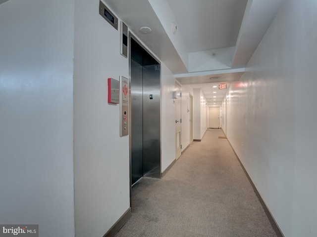 hall featuring light colored carpet and elevator