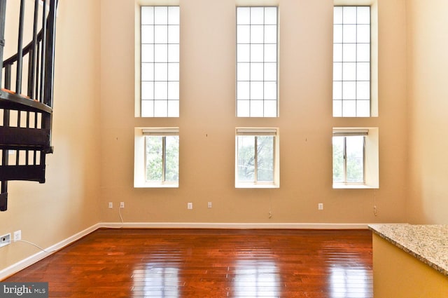 interior space featuring a towering ceiling, dark hardwood / wood-style floors, and a wealth of natural light