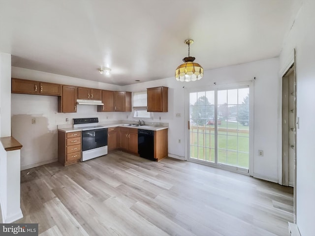 kitchen with sink, decorative light fixtures, light hardwood / wood-style flooring, black dishwasher, and white range with electric stovetop