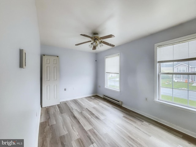 unfurnished room with light wood-type flooring, plenty of natural light, ceiling fan, and a baseboard radiator