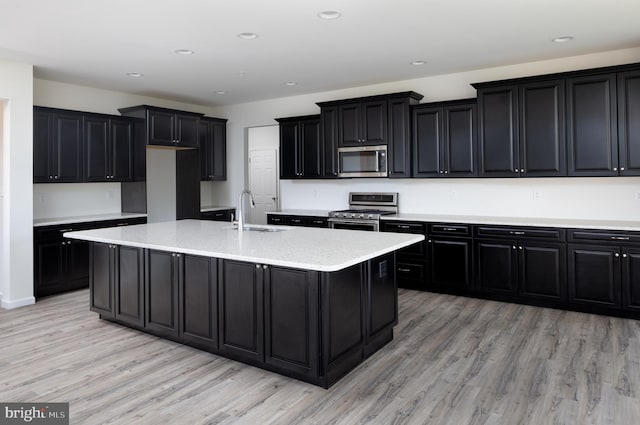 kitchen with an island with sink, appliances with stainless steel finishes, sink, and light hardwood / wood-style flooring