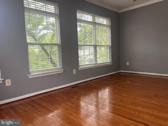 spare room with crown molding and wood-type flooring