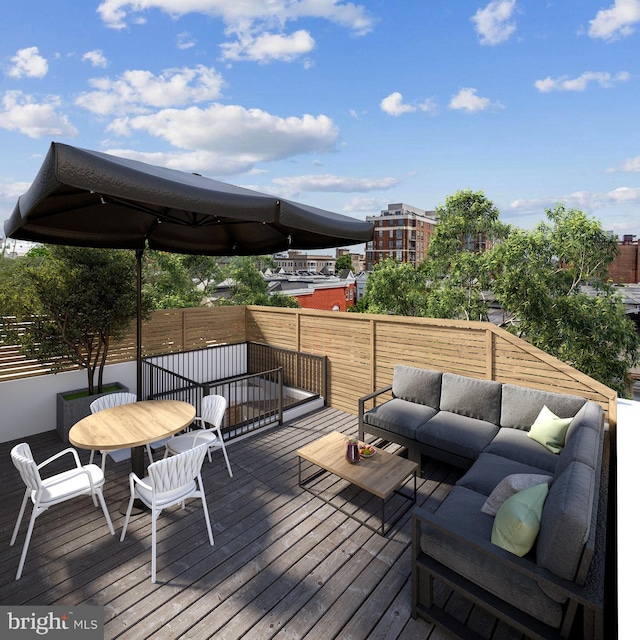 wooden terrace featuring outdoor lounge area