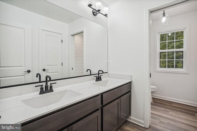 bathroom with hardwood / wood-style flooring, double sink vanity, and toilet