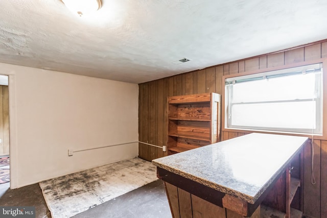 kitchen with wood walls