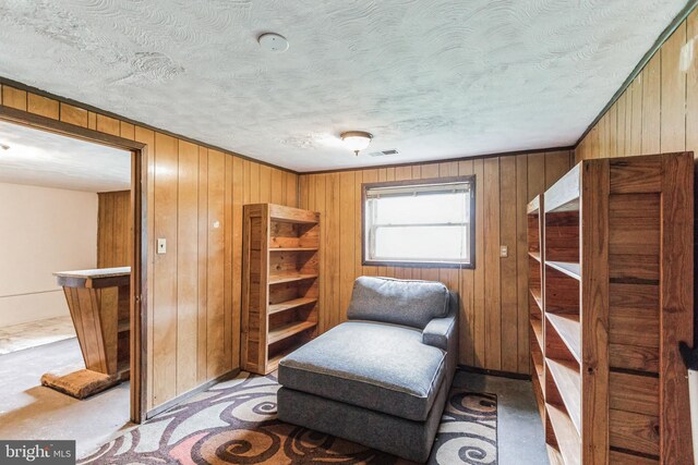 sitting room with a textured ceiling and wooden walls