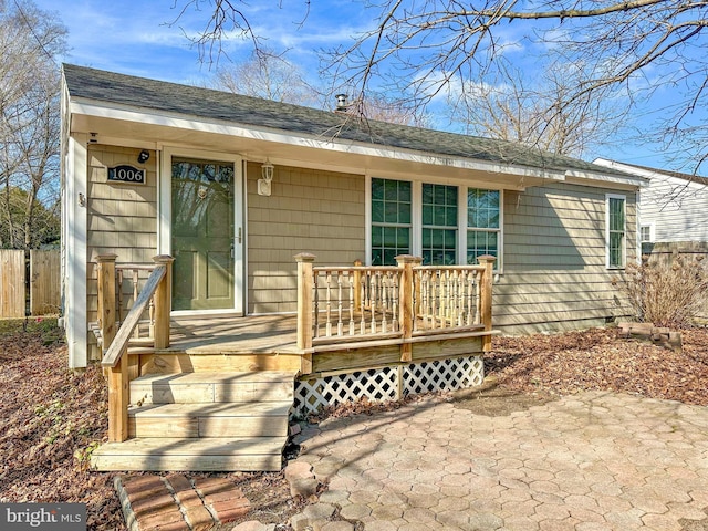 back of property featuring roof with shingles, crawl space, a patio, and fence