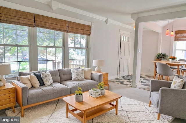 living area featuring baseboards, crown molding, and light floors