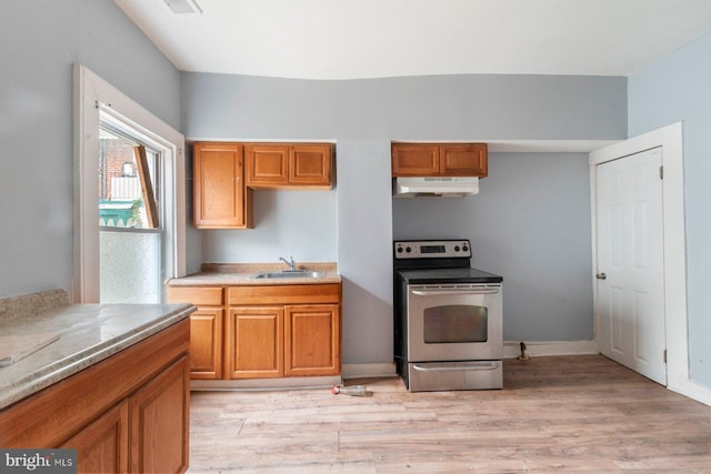 kitchen with electric stove, sink, and light wood-type flooring