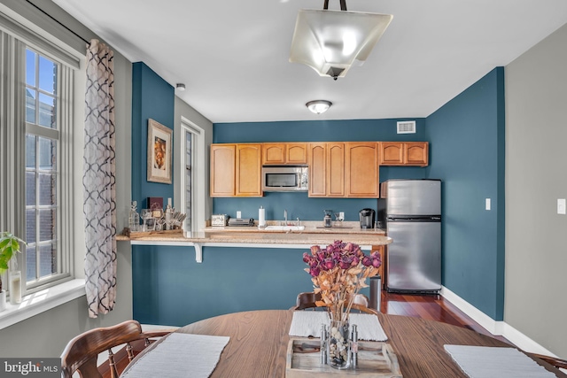 kitchen featuring appliances with stainless steel finishes, plenty of natural light, dark wood-type flooring, and light brown cabinetry