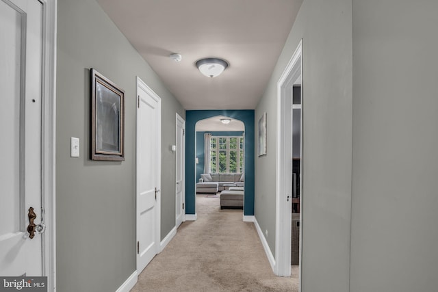 hall with light colored carpet