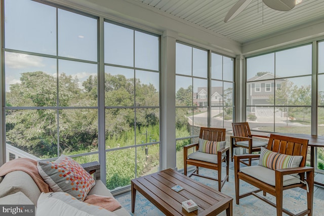 sunroom featuring wood ceiling, a healthy amount of sunlight, and ceiling fan