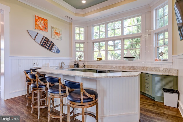 kitchen featuring a healthy amount of sunlight, green cabinets, dark wood-type flooring, and a kitchen bar