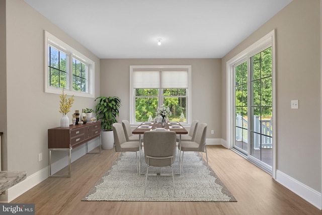 dining room featuring light wood-type flooring and baseboards