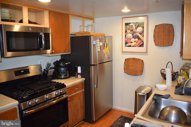 kitchen with light hardwood / wood-style flooring, appliances with stainless steel finishes, and sink