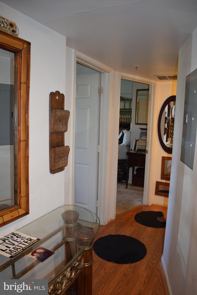 hallway with hardwood / wood-style floors and electric panel