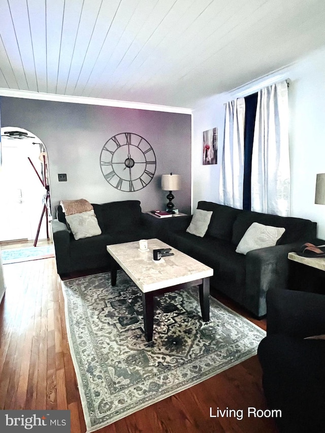 living room featuring hardwood / wood-style flooring and crown molding