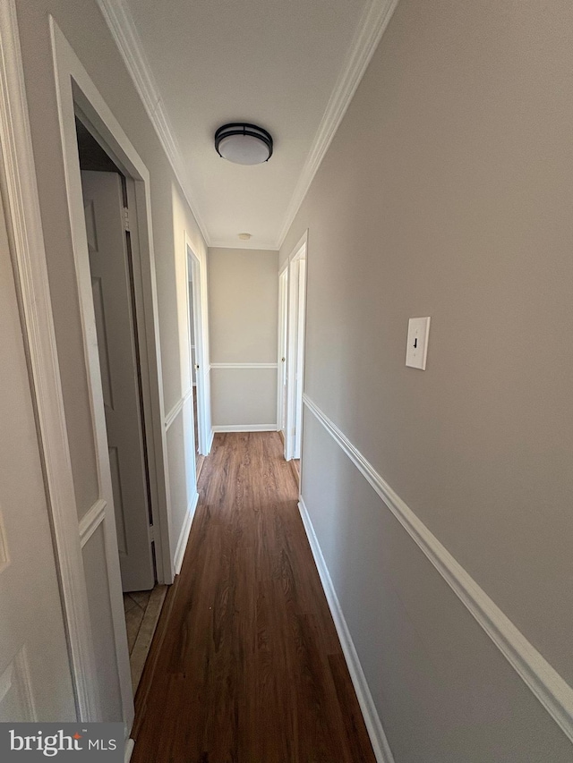 hall with hardwood / wood-style floors and crown molding