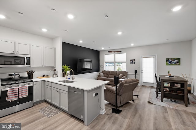 kitchen with stainless steel appliances, gray cabinetry, light hardwood / wood-style flooring, sink, and kitchen peninsula