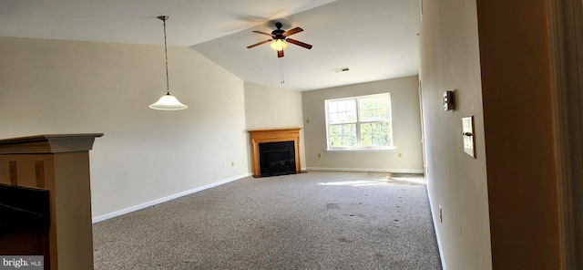 unfurnished living room with ceiling fan, high vaulted ceiling, and carpet flooring