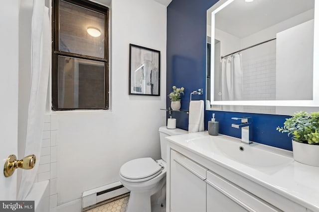 full bathroom with tile patterned flooring, a baseboard heating unit, toilet, shower / tub combo with curtain, and vanity