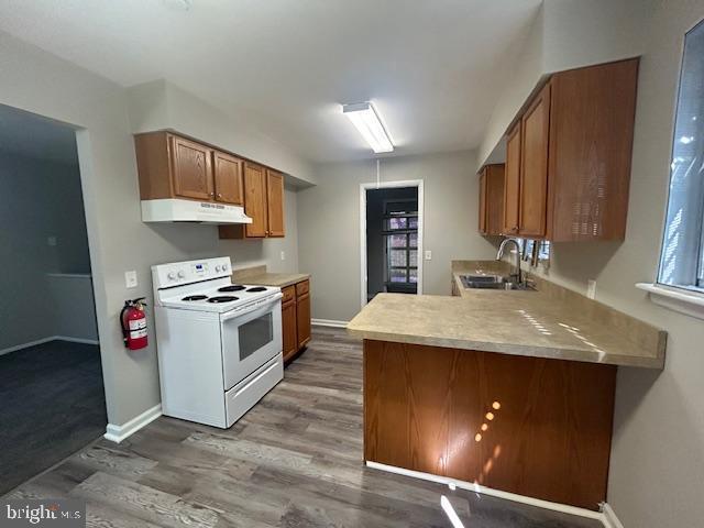 kitchen with sink, light hardwood / wood-style floors, kitchen peninsula, and white range with electric stovetop