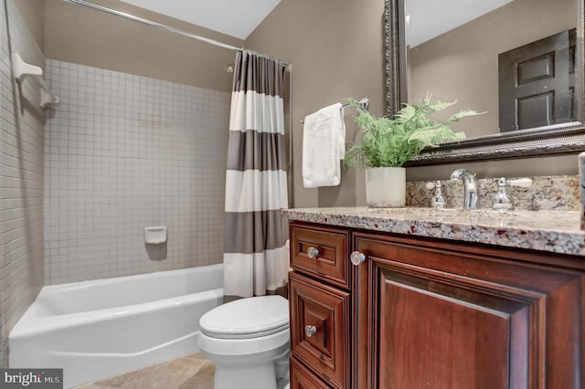 full bathroom with tile patterned flooring, vanity, shower / bathtub combination with curtain, and toilet