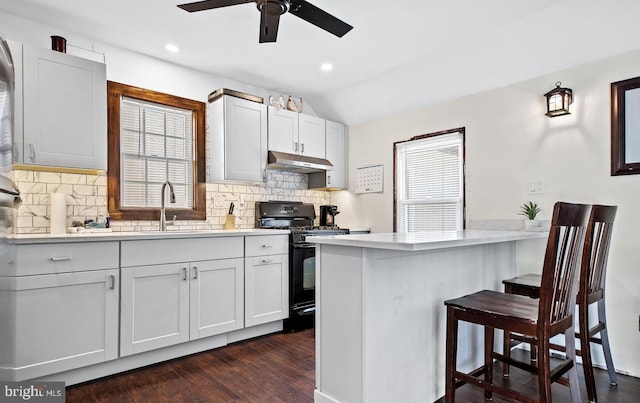 kitchen featuring vaulted ceiling, a breakfast bar, dark hardwood / wood-style floors, white cabinetry, and black gas stove