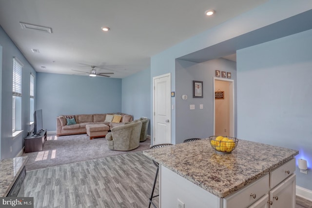 living room with ceiling fan and light hardwood / wood-style floors