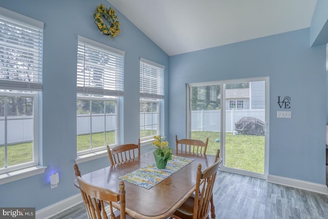 dining space featuring plenty of natural light, vaulted ceiling, and wood-type flooring