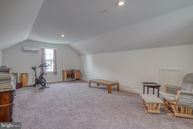 sitting room featuring vaulted ceiling, a wall mounted AC, and light carpet