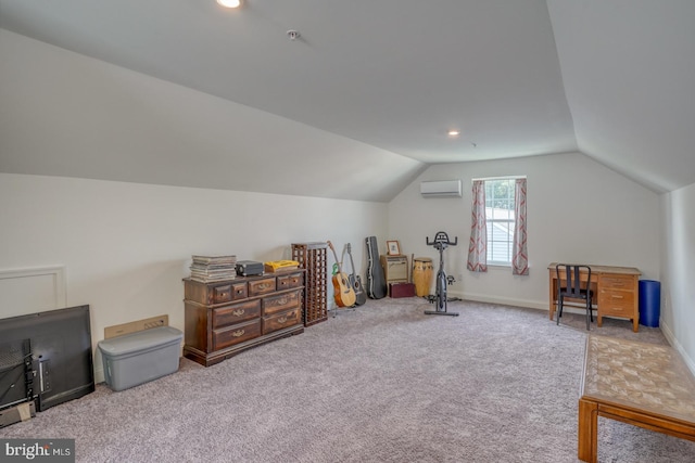 additional living space featuring carpet floors, vaulted ceiling, and a wall mounted air conditioner