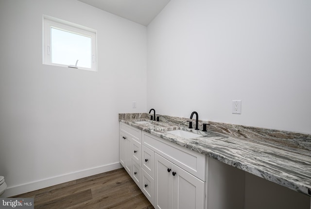 bathroom featuring double vanity, wood finished floors, a sink, and baseboards