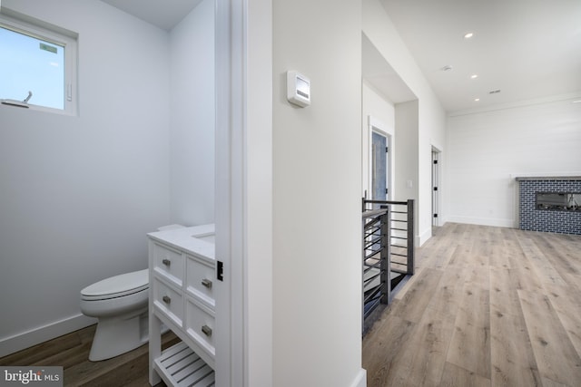 interior space with toilet, baseboards, wood finished floors, and vanity