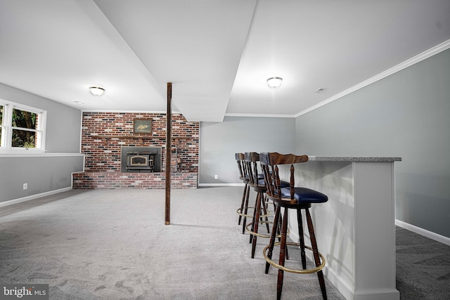 bar featuring ornamental molding, carpet floors, and a wood stove