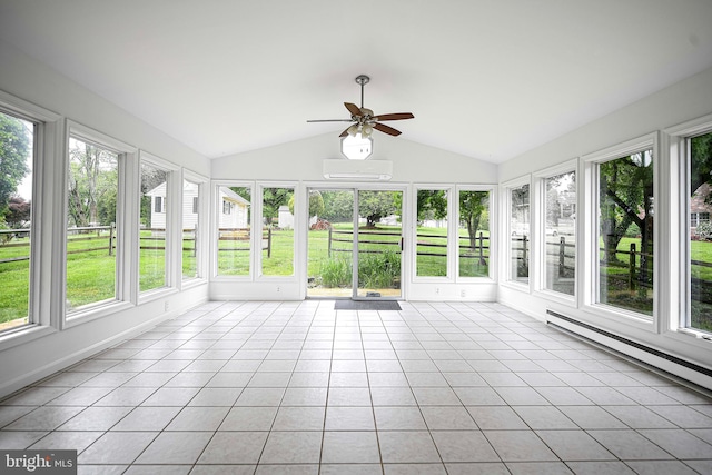 unfurnished sunroom with ceiling fan, a baseboard radiator, a wall mounted air conditioner, and vaulted ceiling