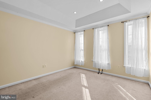 unfurnished room with light colored carpet, a tray ceiling, and crown molding