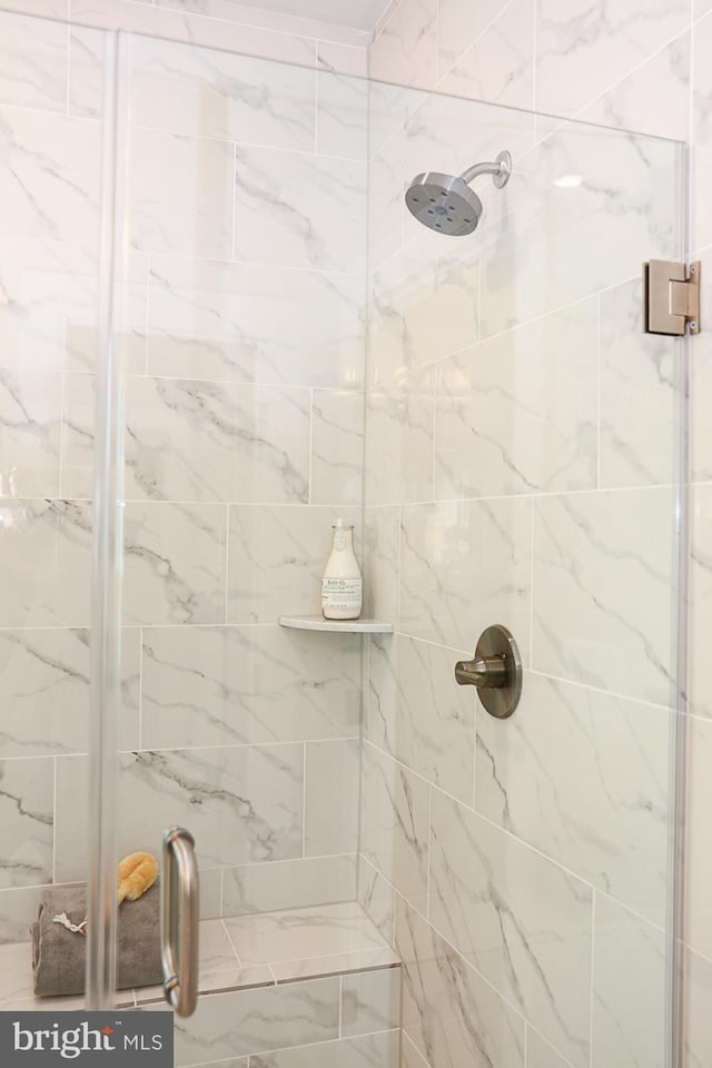 bathroom featuring a shower with shower door