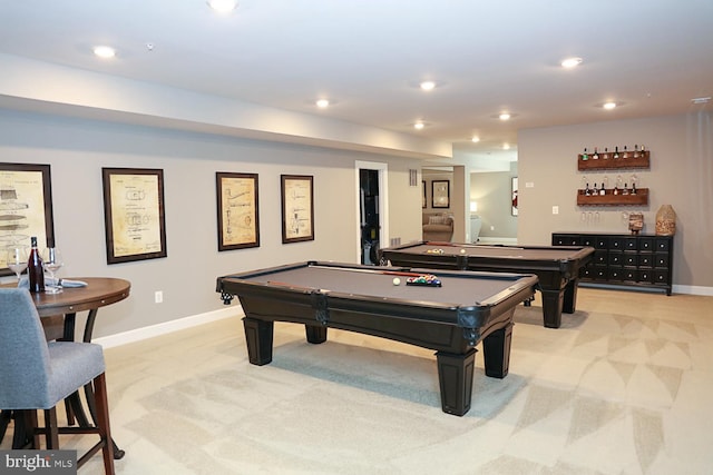 rec room featuring light colored carpet, billiards, and bar