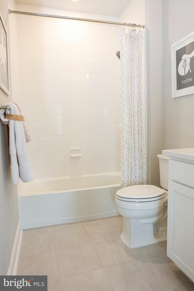 full bathroom featuring vanity, toilet, shower / tub combo, and tile patterned flooring