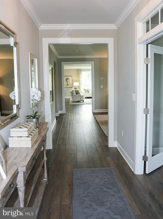 hallway with ornamental molding and dark hardwood / wood-style flooring