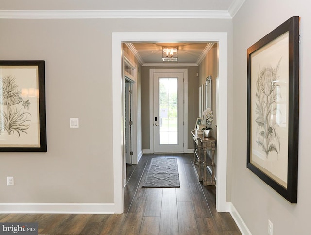 entryway with dark wood-type flooring and crown molding