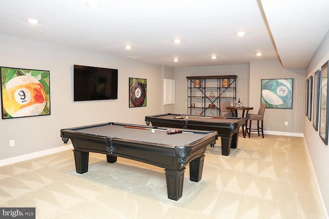 playroom featuring billiards and light colored carpet