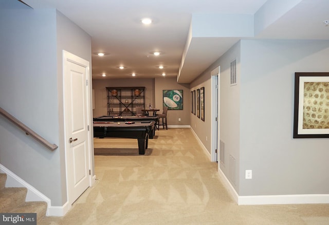 recreation room featuring light carpet and billiards